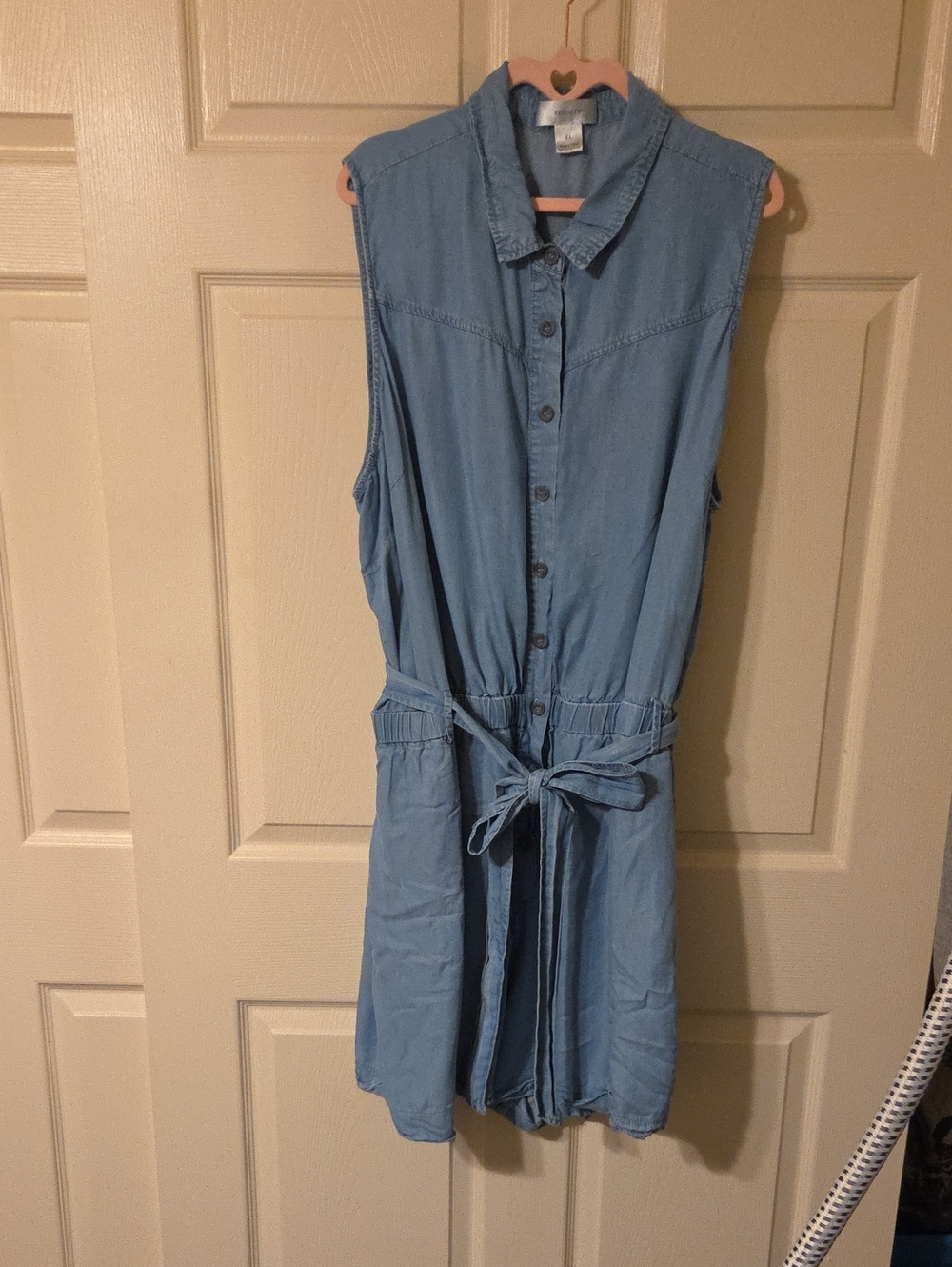Sleeveless Light Blue Button-Front Rayon Chambray Romper, Cuffed, Pockets & Sash